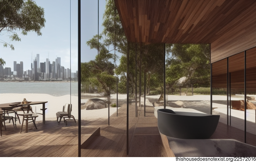 Eco-friendly Kitchen Interior With Exposed Polished Wood, Curved Black Stone, And Circular Bamboo Infinity Pool With View of Melbourne, Australia in the Background