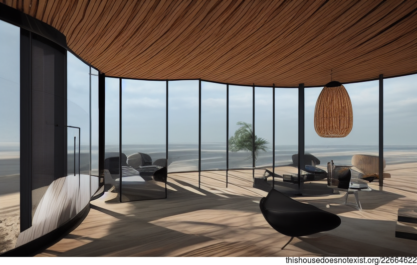 Eco-friendly living room interior with a view of the beach at noon