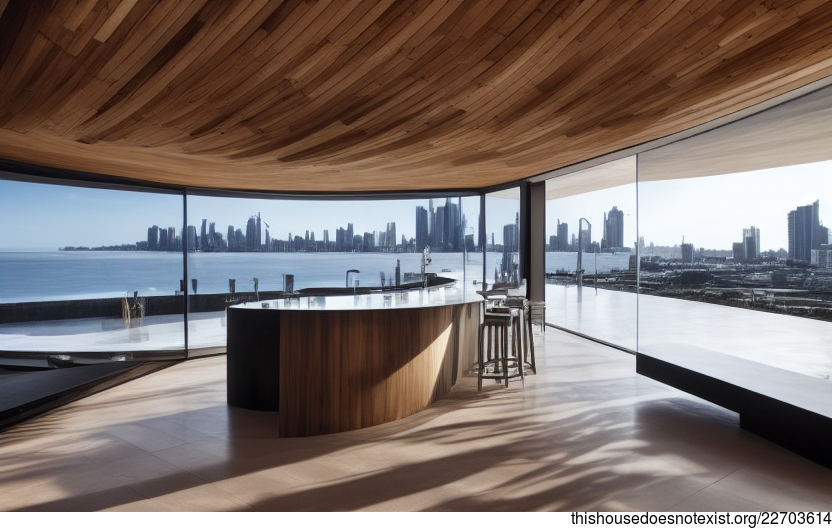 Eco-friendly kitchen interior with a view of the beach in Melbourne, Australia