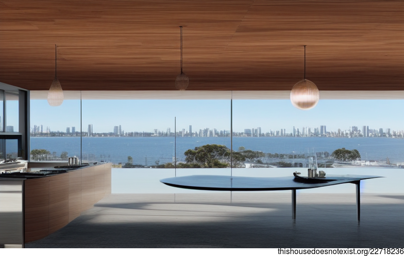 A Polished and Exposed Wood, Curved and Black Stone, Circular Bamboo Interior with an Infinity Pool and View of Melbourne, Australia in the Background