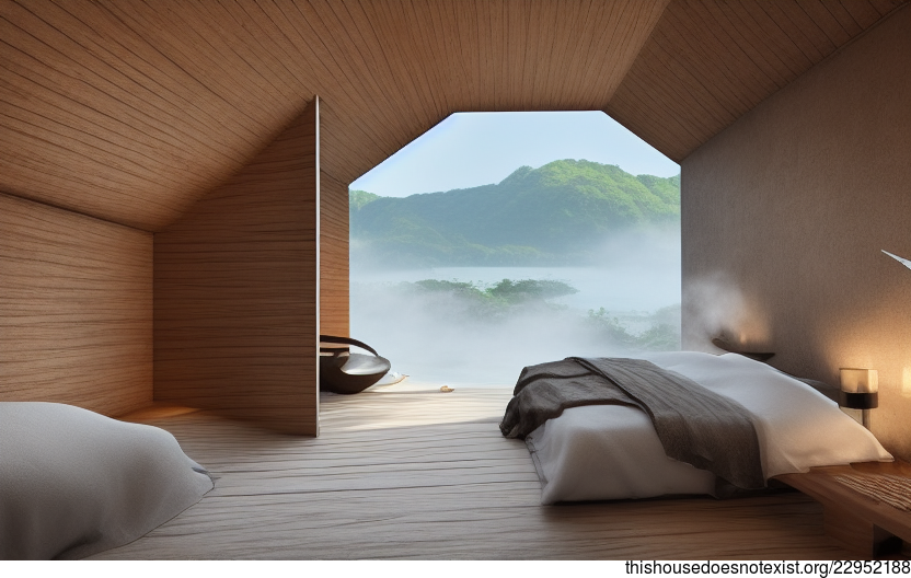 Single image of trending architectural design of a bedroom interior with an anthropomorphous, tribal, minimalist design and steam from a hot spring outside with a view of Taipei, Taiwan in the background