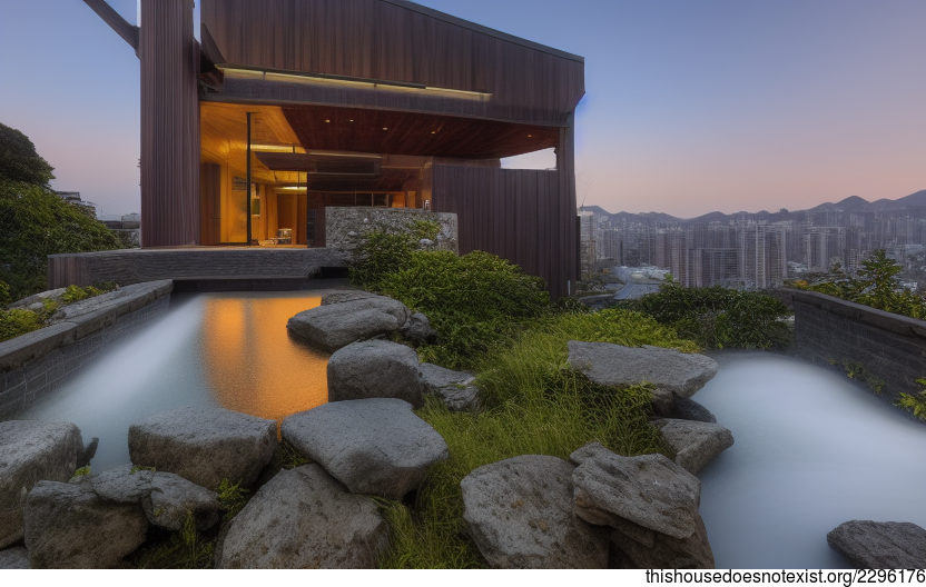 A Modern House With Exposed Timber, Glass, and Rocks With Steaming Hot Springs Outside