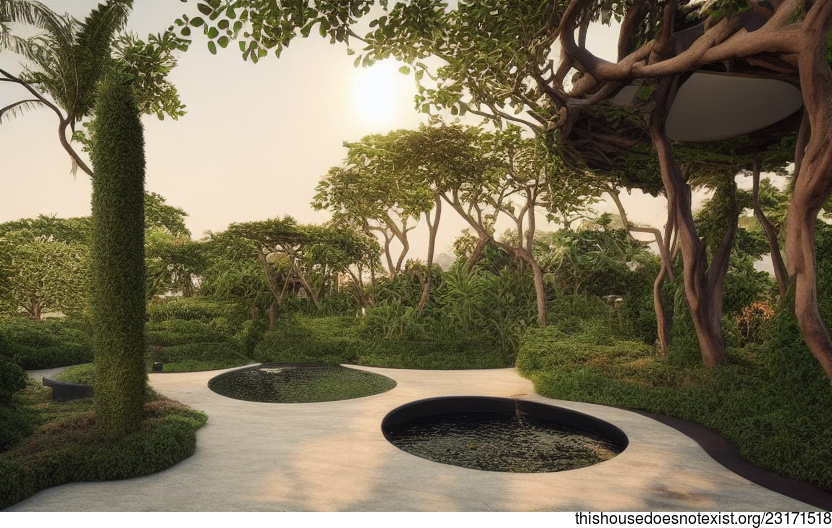 A Modern Garden in Jakarta, Indonesia with Hanging Plants and a Jacuzzi with a View of the Beach at Sunrise