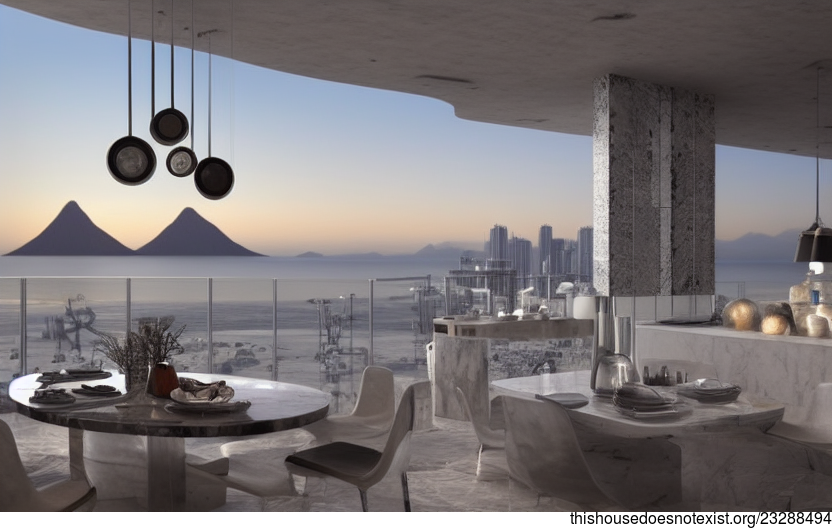 A Sustainable, Eco-Friendly, and ExposedPolished White Marble, Round Timber, and Polished Rocks Kitchen Interior with a View of Manila, Philippines in the Background