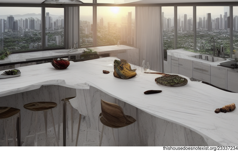 A Modern, Sustainable, and Eco-Friendly Interior Design with an Exposed Polished White Marble, Round Timber, and Polished Rocks View of Manila, Philippines in the Background