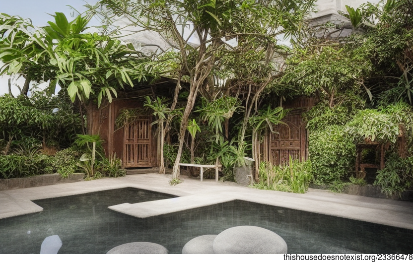 A Modern Garden in Jakarta, Indonesia with Hanging Plants and a Jacuzzi with a View of the Beach at Sunrise