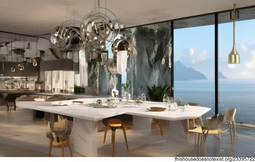 A Sustainable, Eco-Friendly, Maximalist Kitchen Interior With An Exposed Polished White Marble, Round Timber, And Polished Rocks View Of The Beach