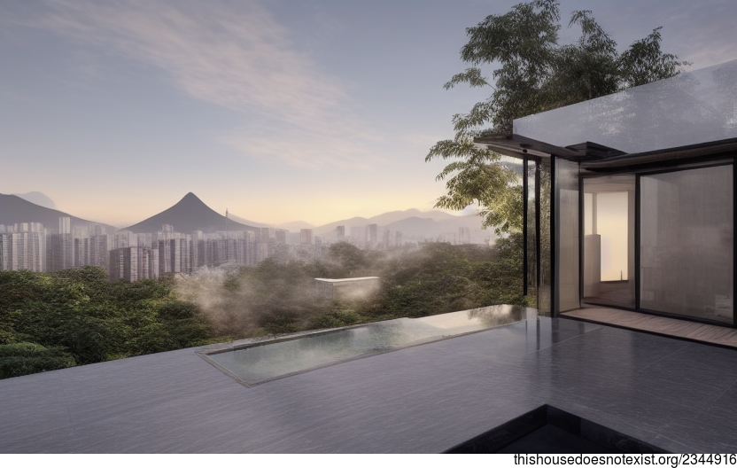 A modern architecture home in Taipei, Taiwan with a beautiful sunrise view of the downtown area