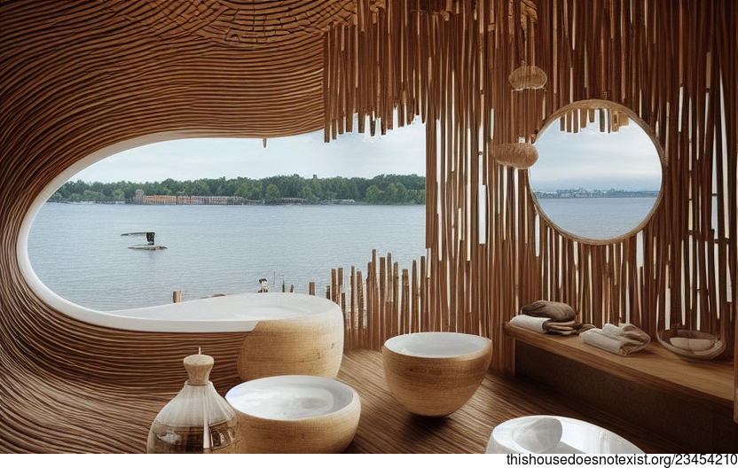 An Exposed and Polished Timber, Circular Bamboo and Round Bejuca Wood Interior With a Plant Vase and Jacuzzi Outside With a View of Stockholm, Sweden in the Background