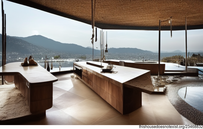 Modern Architecture Home Interior Design With Exposed Bamboo, Circular Stone, And Infinity Pool