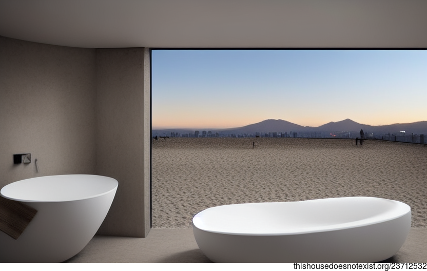Santiago, Chile's Beach Sunset Bathroom With Exposed Polished White Marble, Circular Bejuca Meandering Vines, and Rectangular Stone With View of Santiago, Chile Background