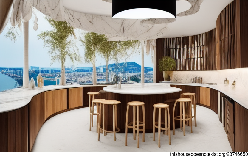 A sustainable, eco-friendly, and maximalist design with an exposed curved wood ceiling, round bamboo island, and polished white marble counters