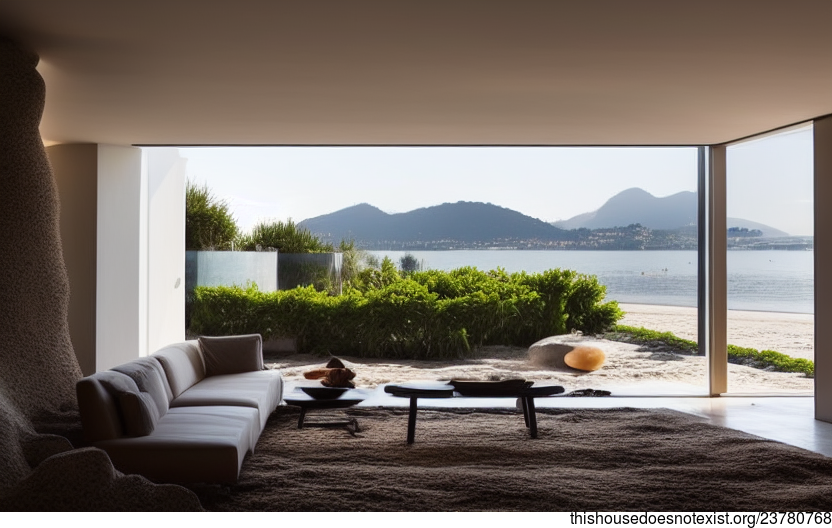 Interior design of a modern living room with a view of the sunset over the beach in Milan, Italy