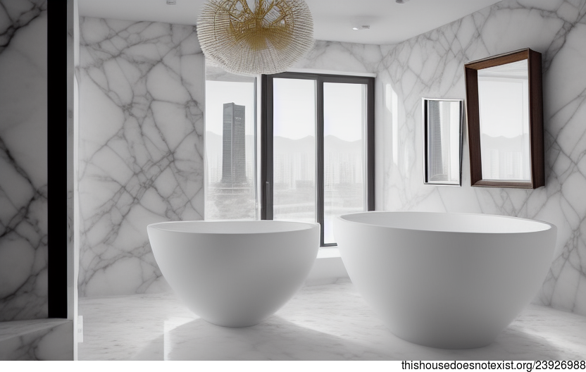 Traditional bathroom interior with an exposed polished white marble, polished stone, and polished glass wall