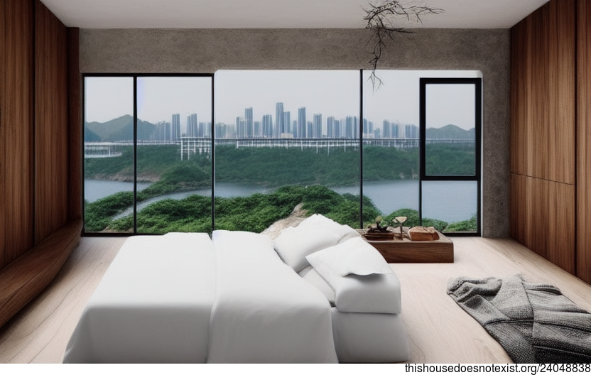 Guangzhou China Beach Night View Interior Bedroom Design With Exposed Round Bejuca Vines, Polished Bejuca Wood, And Polished Rocks