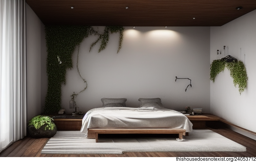 Eco-friendly and minimalist bedroom interior with a view of the beach at night in Guangzhou, China