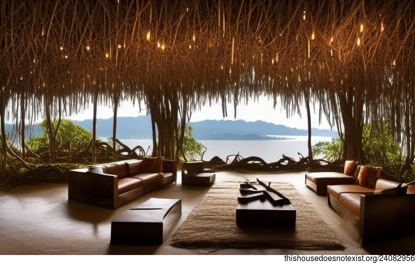 A Modern Beach House Interior with Exposed Polished Bejuca Vines and Triangular Rocks, Hanging Plants, and an Infinity Pool with a View of Zurich, Switzerland in the Background