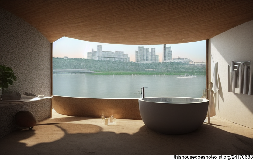 Eco-friendly bathroom interior with view of Moscow, Russia in the background