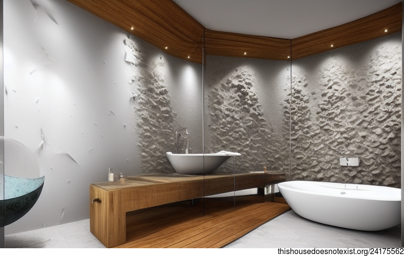 A Modern, Eco-Friendly Bathroom Interior With Exposed Polished Rocks, Round Glass, Triangular Bejuca Wood, and an Infinity Pool