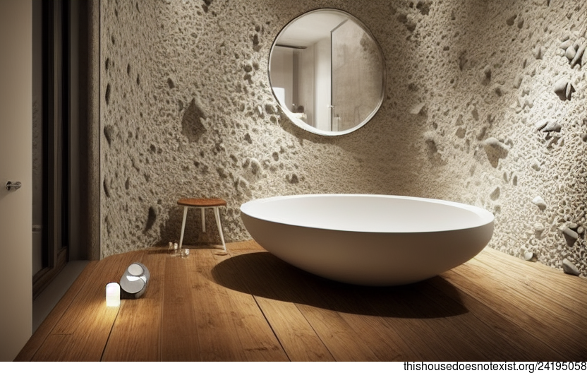 Eco-friendly bathroom interior with an exposed stone and glass shower, a polished bejuca wood floor, and a round mirror