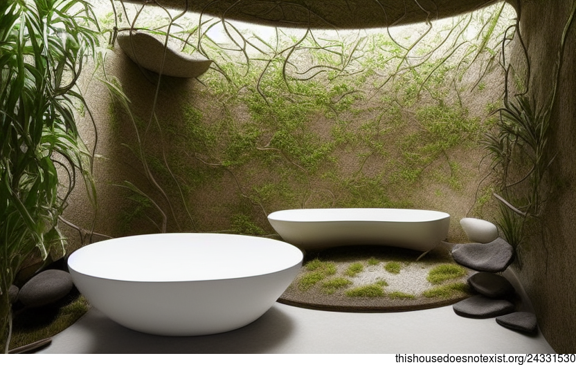 Looking for an original and sustainable Buenos Aires bathroom design? Check out this modern, eco-friendly design with exposed curved stone, meandering vines and polished stone