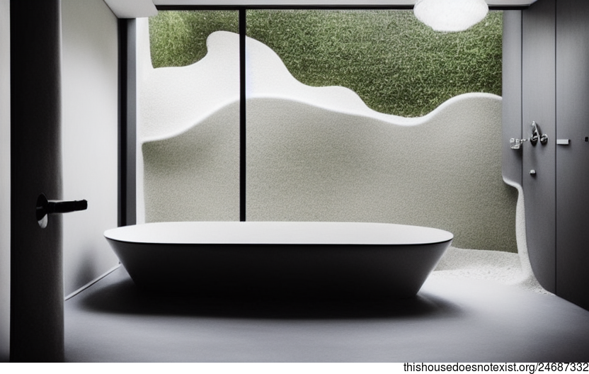 A Modern Bathroom Interior with an Exposed Polished Bejuca Meandering Vines, Triangular Black Stone, and a View of Zurich, Switzerland in the Background