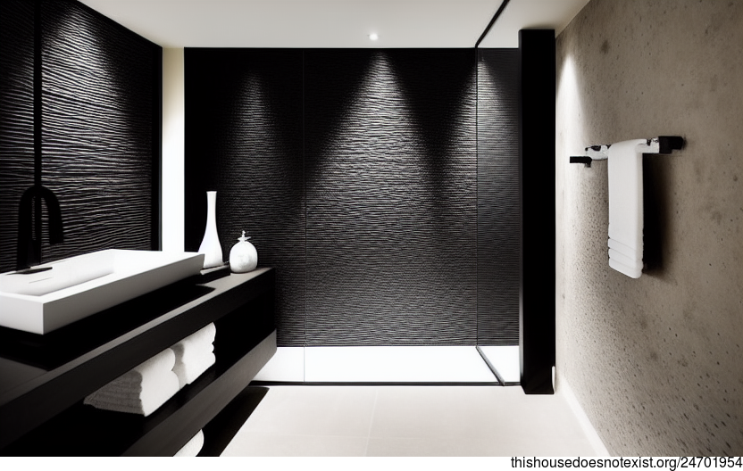 Bathroom with Exposed Polished Bejuca Meandering Vines and Triangular Black Stone in Zurich, Switzerland