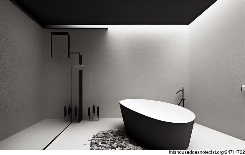Bathroom Interior Design at the Beach Night in Zurich, Switzerland with Exposed Polished Bejuca Vines and Triangular Black Stone