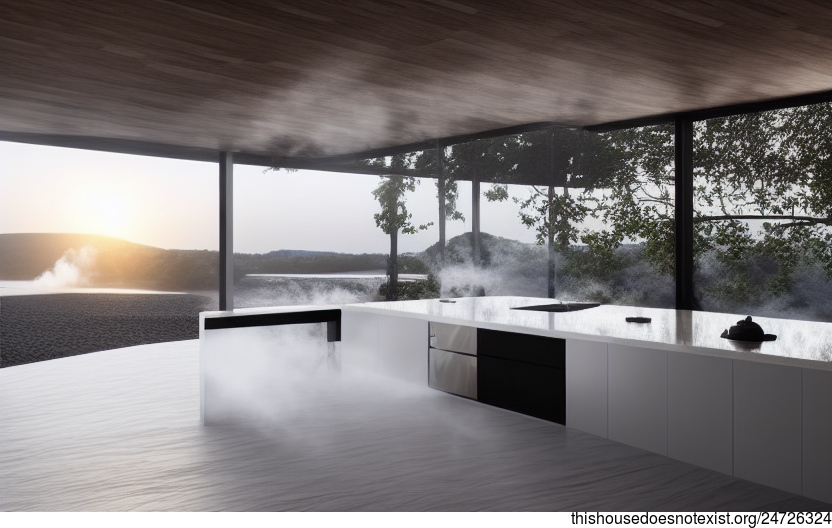 Eco-friendly and minimalist interior design with kitchen and views of the beach sunset in Prague, Czech Republic