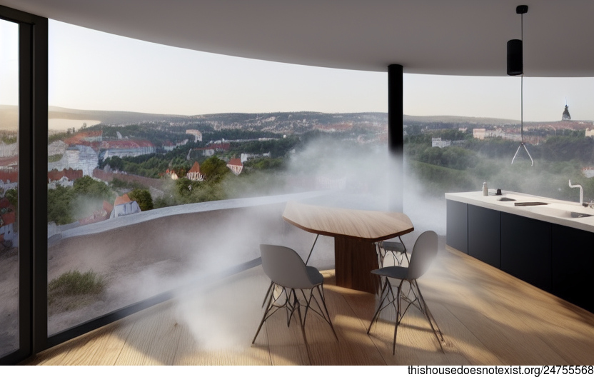 Eco-friendly minimalist kitchen interior with an exposed polished rock and timber curved black stone wall, and steaming hot spring inside with a view of Prague, Czechia in the background