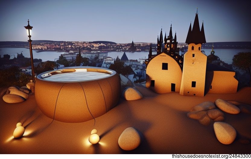 The anthropomorphous tribal house exterior with a view of the beach night in Prague, Czechia