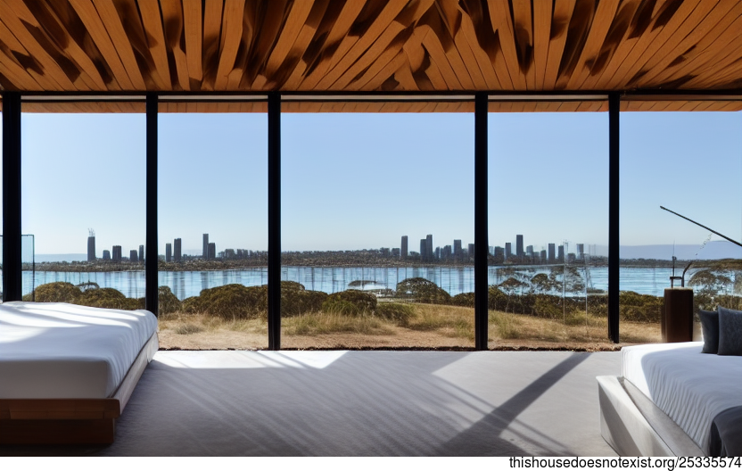 A Modern Bedroom Interior with an Exposed Rectangular Glass Infinity Pool and a View of Melbourne, Australia in the Background