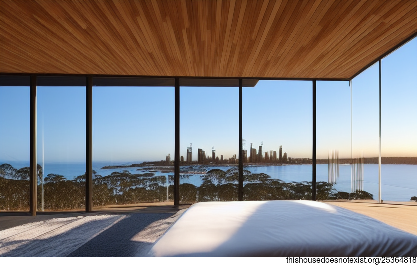 Designed for the modern beach lover, this Melbourne, Australia home features an exposed rectangular pool, polished bamboo floors, and an infinity pool with a view of the Melbourne skyline