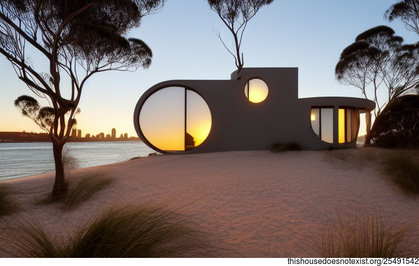 A Modern, Tribal Home With an Exposed Circular Glass Wall and a View of the Sydney, Australia Sunset