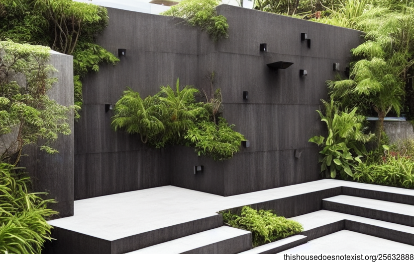 Modern Garden With Exposed Triangular Black Stone, Polished Wood, and Bejuca Vines With a View of Hong Kong in the Background