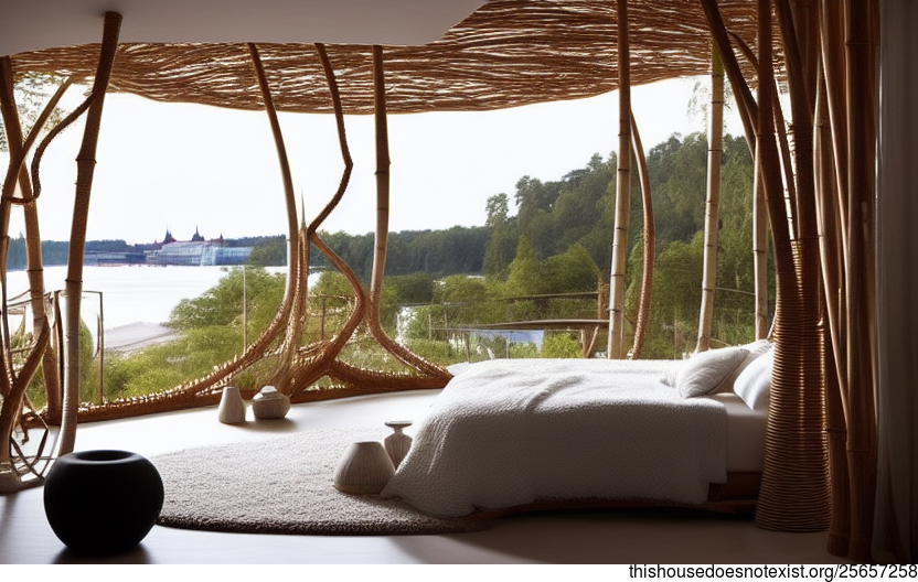 An Exposed, Round Bejuca Vines and Curved Bamboo Circular Stone Interior with Soft Rug and View of Stockholm in the Background