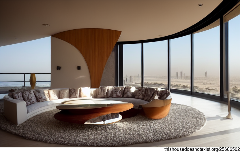 Exposed wood and glass living room with circular bejuca wood polished glass and mirror with view of Riyadh, Saudi Arabia in the background