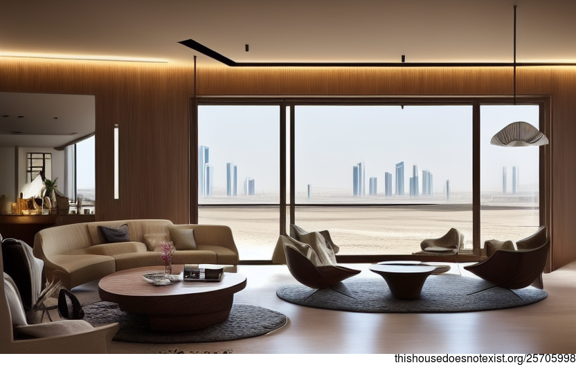 Modern architecture home with traditional living room interior and view of the beach at sunrise in Riyadh, Saudi Arabia