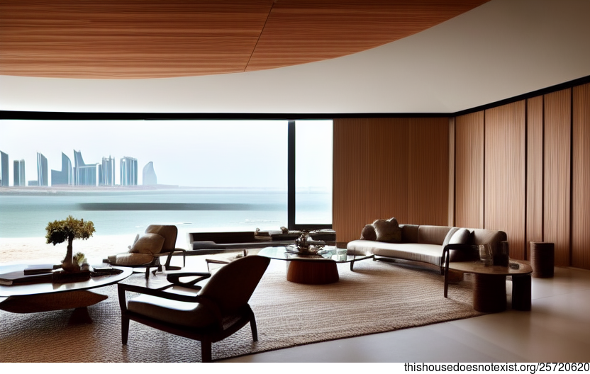 An Exposed Circular Bejuca Wood and Curved Glass Modern Living Room Interior with a Mirror and a View of Riyadh, Saudi Arabia in the Background