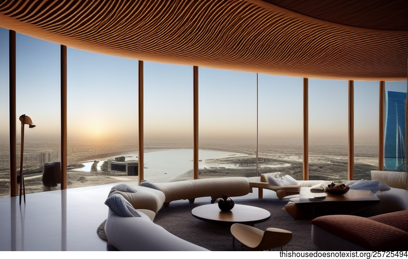 Modern architecture home interior design with a view of the beach at sunrise in Riyadh, Saudi Arabia