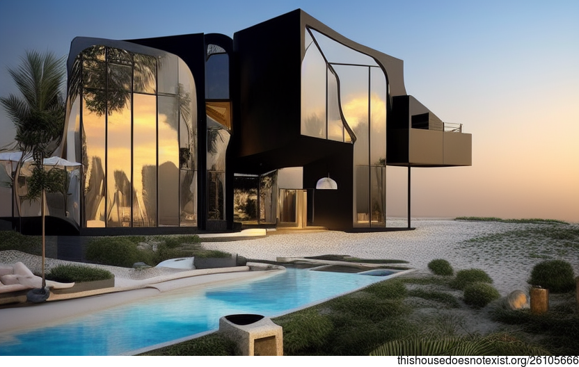 Eco-friendly, maximalist house in Dubai with an exposed triangular black stone facade, circular bamboo elements, and a soft rug with a view of the Dubai skyline in the background
