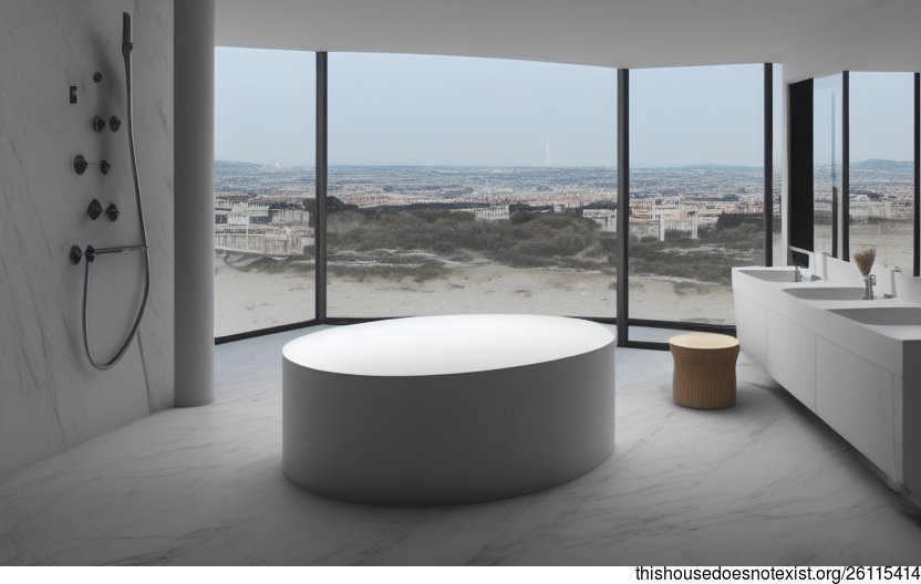 A Modern, Eco-Friendly Interior Design with an Exposed Rectangular White Marble Sink, a Polished Stone Bamboo Rug, and a View of Madrid, Spain in the Background