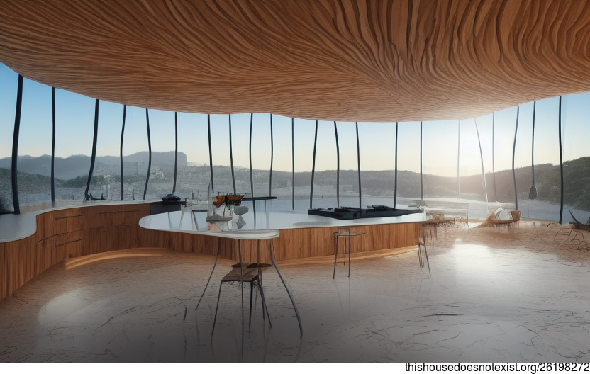 A Modern Architecture Interior Design With Exposed Polished Wood, Curved Bejuca Meandering Vines, And An Onsen Inside With A View Of Prague, Czechia In The Background