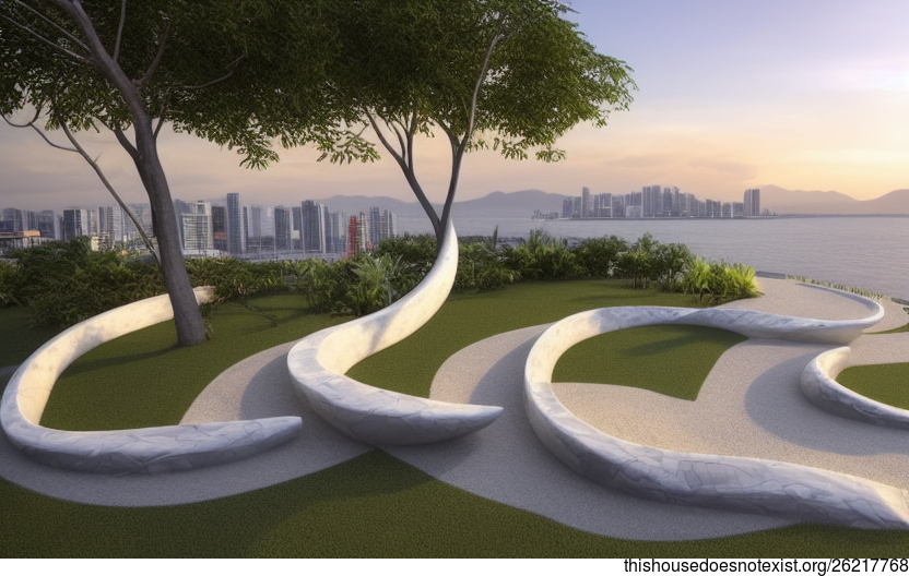 Tropical Abstract Garden With Exposed Curved Stone and Bamboo