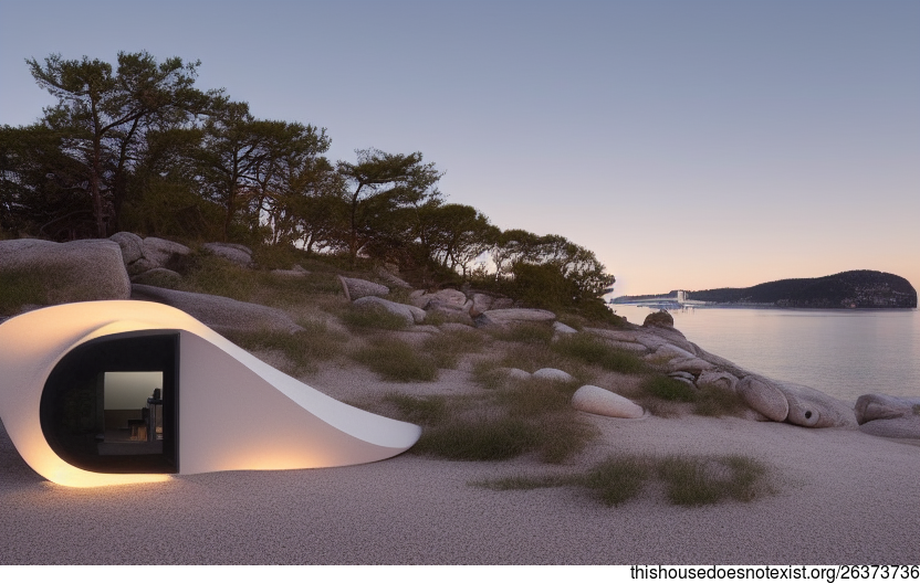 A Modern Architecture Home Interior Design in Stockholm, Sweden with an Exposed Curved Stone Fireplace and a View of the Beach at Night