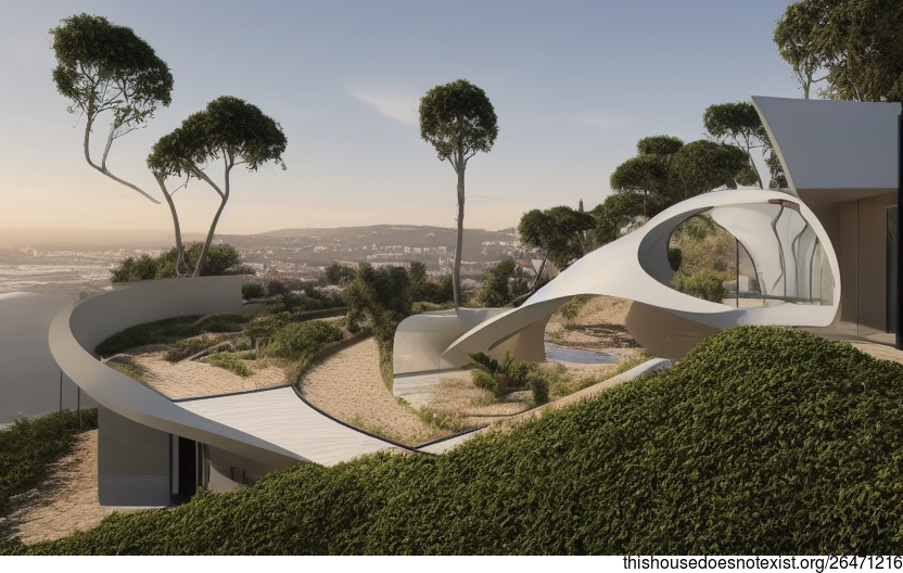 A Modern House on the Beach at Sunset in Lisbon, Portugal With a View of the Exposed Glass Rectangular and Curved Glass Circular Bejuca Meandering Vines, and a Steaming Hot Spring in the Background