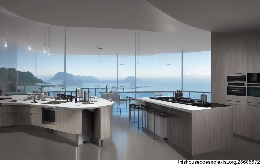 A Modern Kitchen Interior with a Beach View