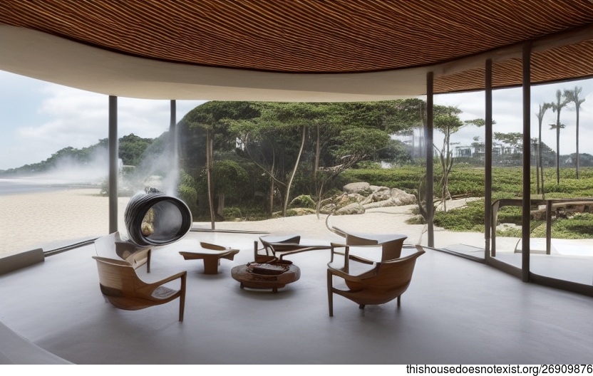 An Exposed, Curved Bamboo and Glass Beach House with a Fireplace and Steaming Hot Spring Outside