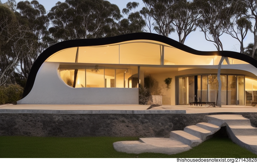A Curved, Minimalist Home in Melbourne, Australia with Hanging Plants and an Exposed Glass Facade
