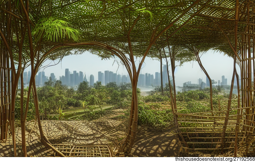 A Rectangular Home With Exposed Bejuca Meandering Vines, Circular Bamboo, and Curved Bamboo With Hanging Plants and a View of Jakarta, Indonesia in the Background